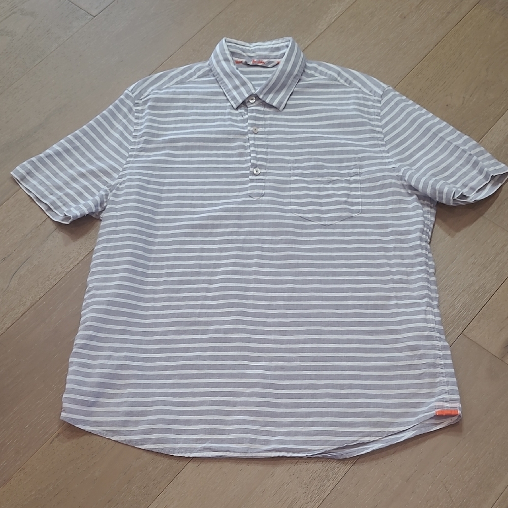 Boden Shirt Men's sz XL Grey/White Stripe 1/4 Button Short Sleeve Linen Blend